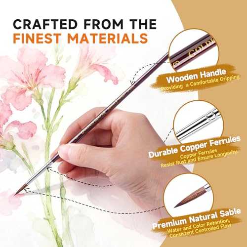 Golden Maple Kolinsky Sable Miniature Paint Brushes - Size 0, 1, 3 - size: 0 1 3 Round Point