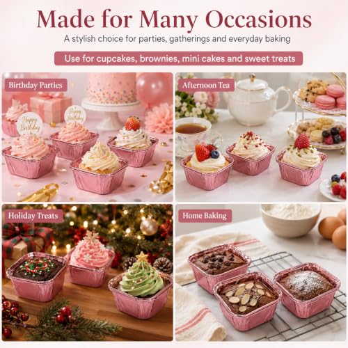 50 Pcs Rose Gold Square Baking Cups, Disposable Paper Pans - color: Rose Gold