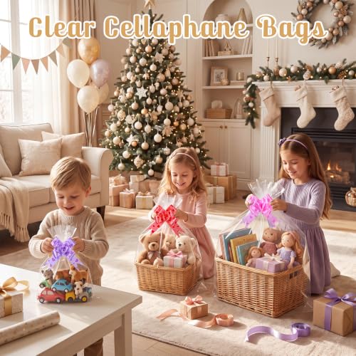 woric 3 Size Clear Cellophane Gift Bags 24x30 16x24 12x18in with Pull Bows - size: 3 Size(24x30 16x24 12x18in)