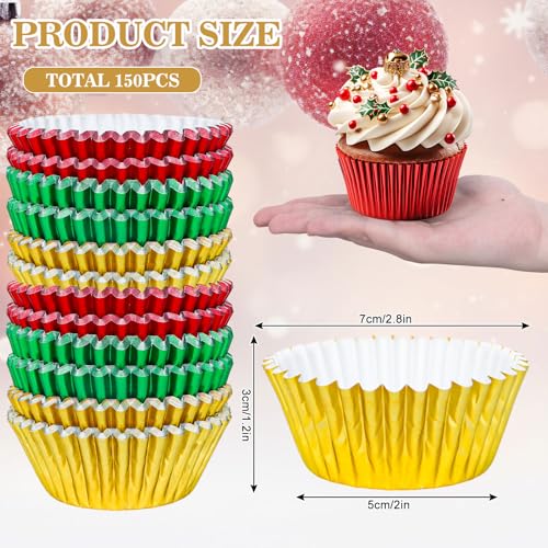 Whaline 150Pcs Christmas Foil Cupcake Liners Red Green Gold Foil Metallic Cupcake Wrappers Muffin Liners for Christmas Holiday Party Supplies Table Decor - color: Red Green Gold