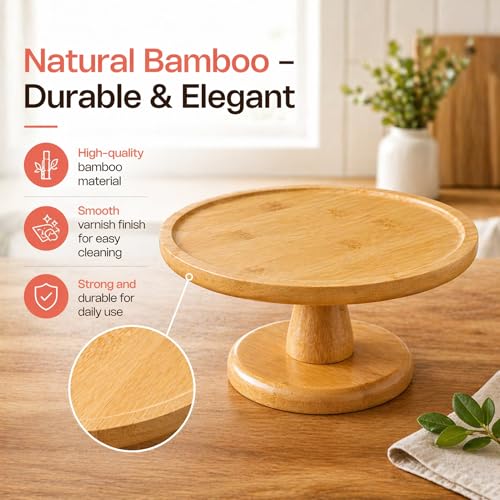 Savra Bamboo Cake Stand 10 Inch, Minimalist Natural Wood Dessert Pedestal