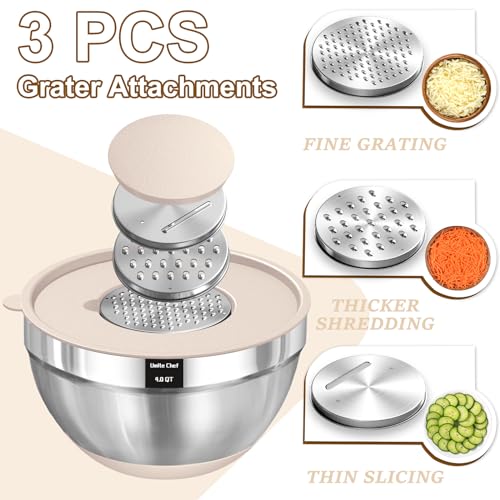 Heavy-Duty 5QT Large Mixing Bowls with Lids Set, Non-Slip Silicone Base - color: Khaki
