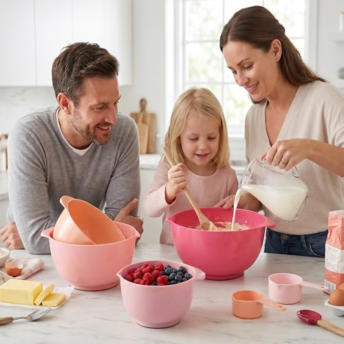 BoxedHome Mixing Bowls Set of 4, BPA Free Plastic,Microwave Safe, Rose Red - color: Pink Gradient