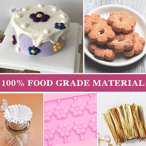12 Cavities Flower Pink Silicone Lollipop Molds,Hard Candy Chocolate Sucker Mold with 20pcs Sucker Sticks - color: Flower