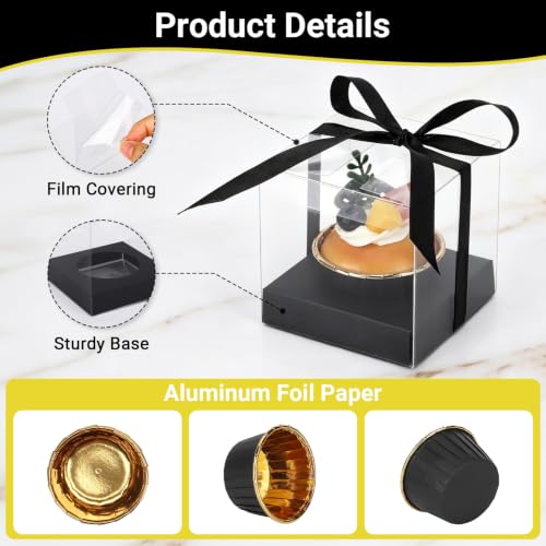 EUSOAR Cupcake Boxes with Cupcake Cups, 50pcs 3.5 Inch Single Cupcakes Holder and 50pcs 3.5oz Cupcakes Wrappers, Transparent Dessert Pastry Cupcakes Containers for Wedding Party Favor Bakery - color: Black