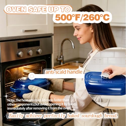DIY Double Dutch Oven for Sourdough Bread Baking – Enamel Cast Iron Bread Baker with Lid, Bake Two Different Loaves at Once, 500°F Oven Safe, Includes 2×9" Banneton Proofing Baskets - color: Dark blue