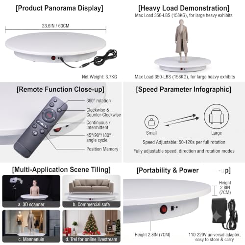 JAYEGT Motorized Rotating Display Stand, 350Lbs Load，360 Degree Electric Rotating Potography Turntable for Products Display，Live Show， Remote Control +5 Colors Backgrounds (White/23.6Inch/Wired) - color: White, size: 23.6Inch