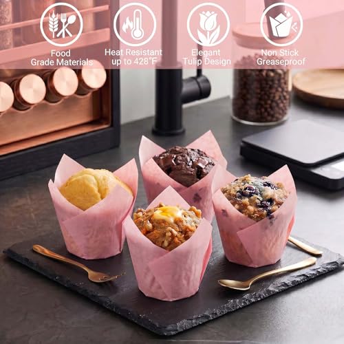 200 Pcs Pink Tulip Cupcake Liners for Baking, Standard Size - color: Pink