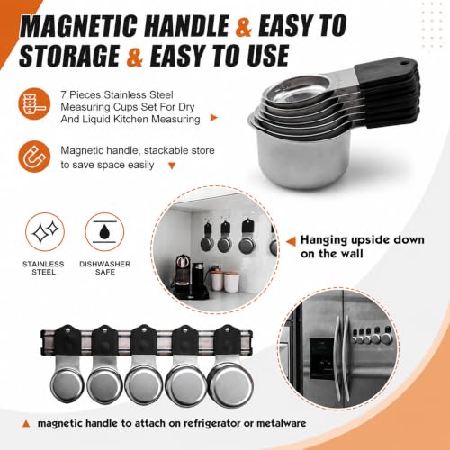 XSNBRD Magnetic Measuring Cups Set, 7-Piece Stainless Steel Stackable - color: Black