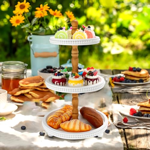 SYNCVIBE Wooden Farmhouse Round White 3 Tiered Decorative Tray Stand - color: white