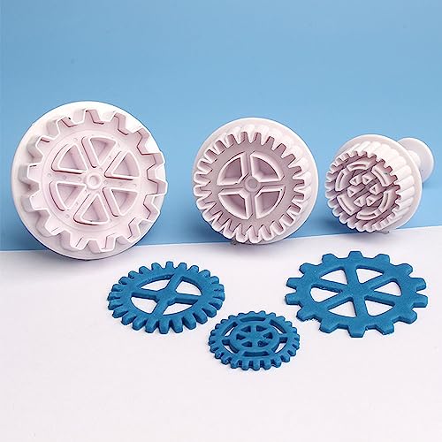 3Pcs Gear Cookie Cutters, Steampunk Cogs Plunger Mold, 3D Gear Cookie Stamp Mold, Clock Wheel Biscuits Fondant Molds for Cake Cookie food Decoration
