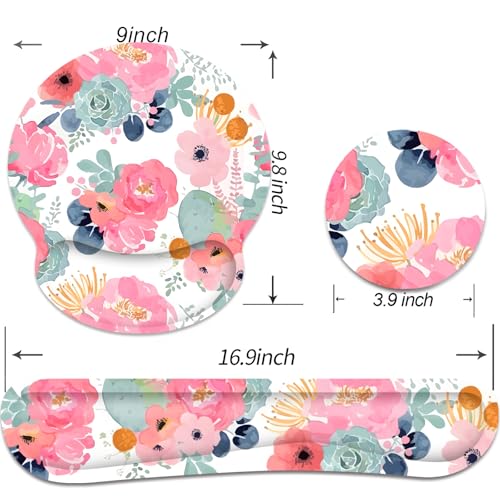 Ergonomic Mouse Pad with Wrist Rest and Keyboard Wrist Rest, Mousepad - color: Pink Floral