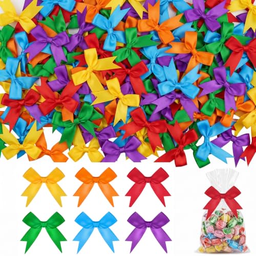 Riceshoot 100 Pcs Rainbow Twist Tie Bows, 3.5 Inch Pre-Tied Satin Ribbon - color: Rainbow Color, style: Rainbow
