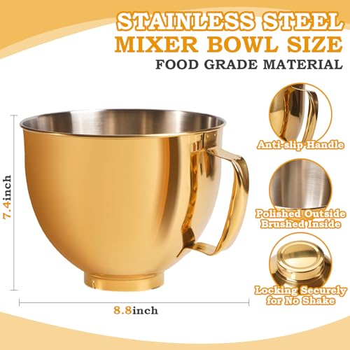 5 Quart Mixing Bowl for KitchenAid Stand Mixers, Food-Grade Stainless Steel Bowl with Handle & Clasp, Compatible with Tilt-Head 4.5–5 Qt Models – Fits K45, K45SS, KSM75, KSM150, KSM95 - color: Golden, size: 5QT