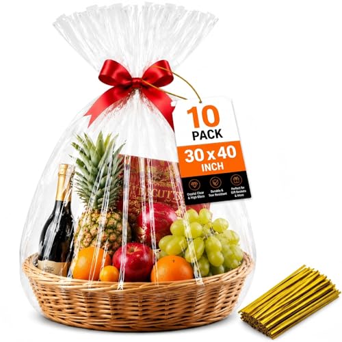 Cellophane Bags For Gift Baskets, 10 Pack 30x40 Inch Clear Gift Bags with Gold Twist Ties – Durable, Tear-Resistant, Crystal Clear Gift Wrap for Fruit Baskets, Holiday, Wedding, Party Presents - color: 30x40 Inch (Pack of 10)
