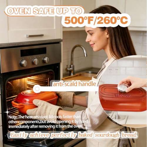 DIY Double Dutch Oven for Sourdough Bread Baking – Enamel Cast Iron Bread Baker with Lid, Bake Two Different Loaves at Once, 500°F Oven Safe, Includes 2×8" Banneton Proofing Baskets - color: Orage