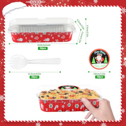 50Pack Christmas Mini Cake Pans Disposable Mini Loaf Pans with Lids and Spoons, 6.8Oz Aluminum Foil Pans Tins, Individual Dessert Cups Containers for Sales,Party,Picnics - color: 50-Christmas-Red