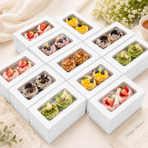 100 Pack 2 Count Cupcake Boxes, Portable Bakery Cake Carriers