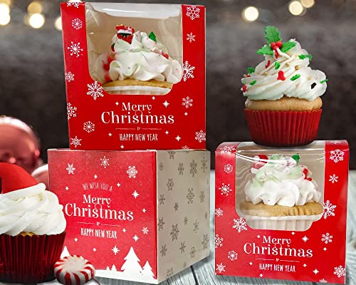 Happyhiram 50 Pack Christmas Red Cupcake Boxes with Inserts and Window - color: Holiday Christmas Red, size: 50-Count