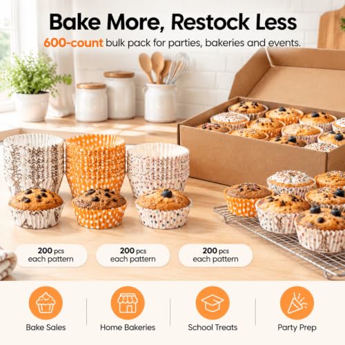 YOUEON 600 Pcs 3.5 In Jumbo Cupcake Liners Greaseproof, 6 Oz Large Paper Baking Cups Non-Stick, Jumbo Muffin Liners for Muffins, Cupcakes, Brownie, Quiche, Mini Snacks, Recyclable, 3 Pattern