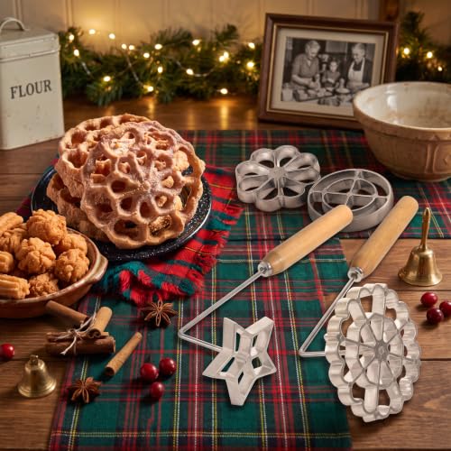 6 Pack Bunuelos Molds with Handles, Rosette Timbale Iron Set with 2 Interchangeable Heads, Aluminum Alloy Waffle Molds for Kitchen Baking, Lotus Star Cooking Stamp Houseware Tool