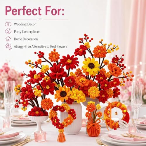 976Pcs Red Pipe Cleaners Flower Kit,7 Colors Soft Chenille Stems - color: Red and orange colour