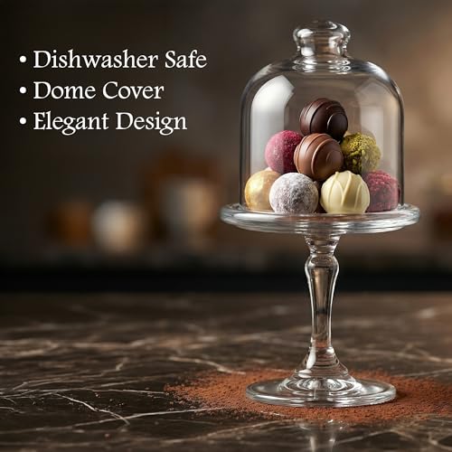 Mini Glass Cake Stand with Dome Lid – Small Pedestal Dessert Stand with Cover, Clear Glass Cupcake & Cookie Display (7x3x3 inches)