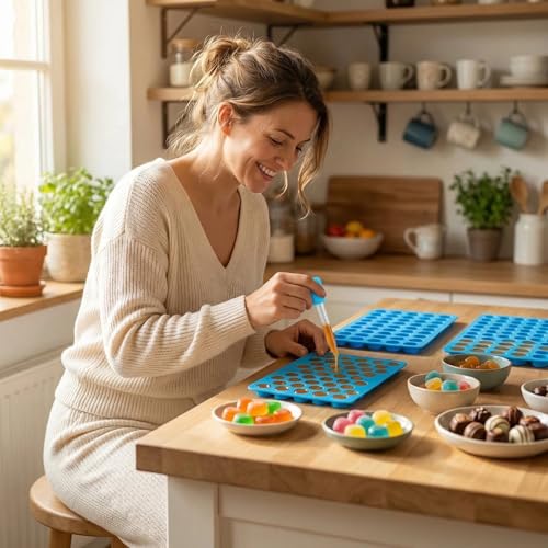 Round Silicone Candy Molds - 220 Cavity Mold Set with Droppers, 2-Pack Circle Molds for Gummies, Chocolate, Hard Candy, Caramels, Ice Cubes, BPA Free Non-Stick Baking Molds - color: 220 Cavity Round Gummy Molds