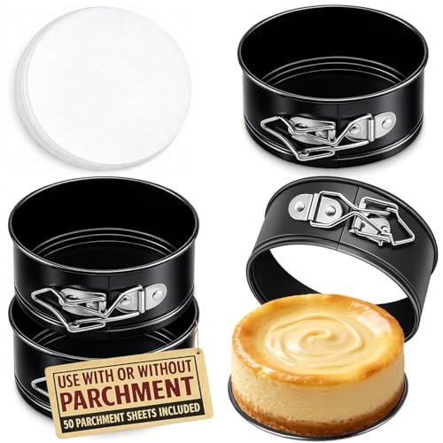 4 Pack Small Springform Cheesecakes Pan 4 Inch Mini 50Pcs Parchment Paper - size: 4" Cake Pans - 4 Pack