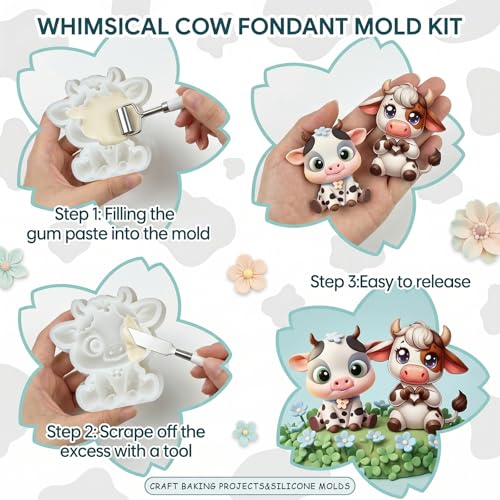 2Pcs Cow Silicone Fondant Mold with Heart-Hands for Cake Decorating - color: Highland Cow Silicone Mold