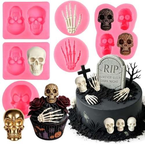 Halloween Fondant Molds, 6Pcs Skull Skeleton Hands Cake Fondant Mold - color: 6 Pcs Skull Skeleton Hands Molds, Pink
