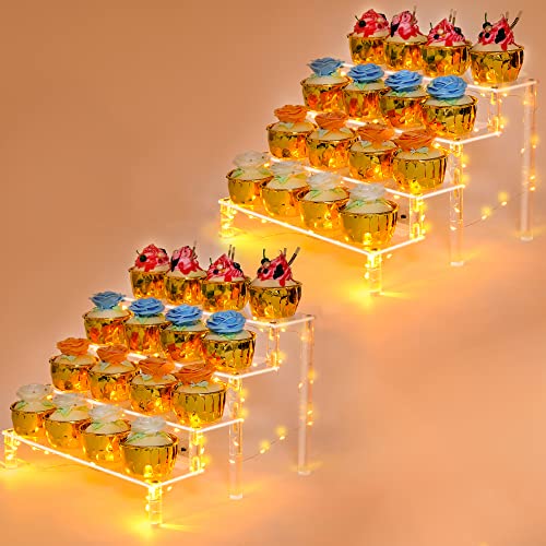 YestBuy Display Shelf Cake Stand – 4 Tier Shelf Cupcake Stand – Multifunctional and Durable Acrylic Stand – Mounting Hardware Included – Ideal for Desserts, Cosmetics, Glassware, Figurines - color: Clear（Yellow Light）, size: 4 Tier - 2 Pack