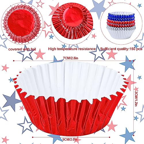 Whaline 150Pcs Patriotic Cupcake Liners 4th of July Baking Cups Red Blue Silver Foil Metallic Cupcake wrappers for 250th Anniversary Independence Day Memorial Day Party Decor - color: Red Blue Silver