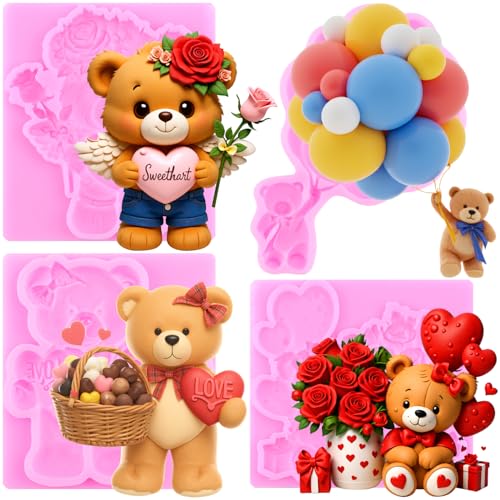 ZiXiang Bear Silicone Mold Teddy Bear Balloon Rose Fondant Molds Set Of 4 - color: Style E