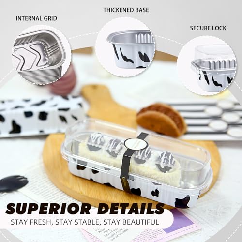 24 Pack Mini Loaf Pans, 7.5oz Mini Cake Pan & Mini Cupcake Pan Set – Disposable Aluminum Baking Pans with Lids, Spoons & Stickers, Premium Sturdy Gift Set for Cakes, Cupcakes, Desserts & Party Treats - color: Cow