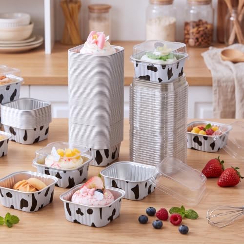 Skylety 100 Pcs 5oz Mini Square Cake Pans with Lids, Cow Print - color: Cow Print