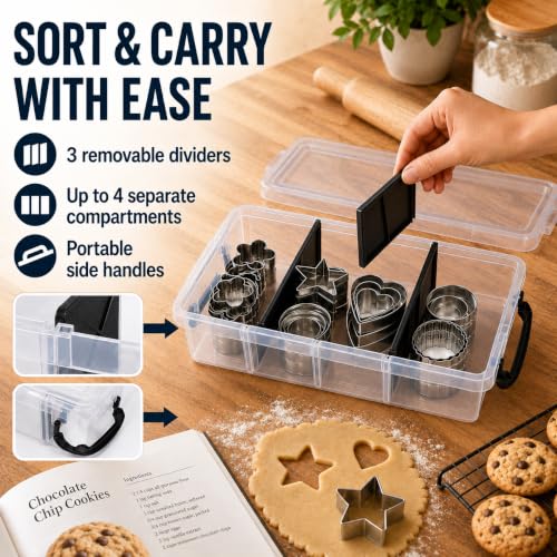 Cookie Cutter Storage Box, Clear 4-Section Organizer with Lid