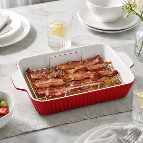 DOWAN 9x13'' Baking Dish with Handles Rack, Deep Casserole Pan & Stainless Steel Roasting Rack for Oven, Chicken & Meat Resting, Ceramic Lasagna Pan, Dishwasher & Microwave Oven Safe-Red - color: Red