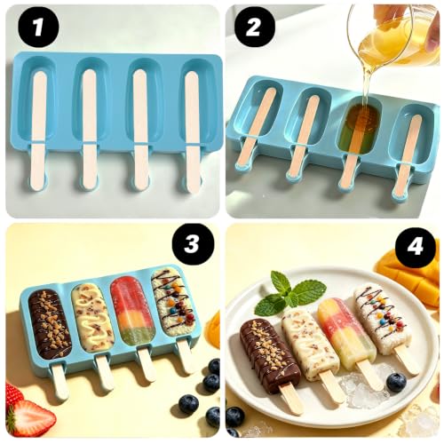 Silicone Popsicle Molds, 2 Pcs Blue Popsicles Molds, 4 Cavities Ice Cream Mold with 50 Wooden Sticks for Making Cakesicles Fudgesicle Candy DIY Cake Ice Pop Summer Party Supplies - color: Blue
