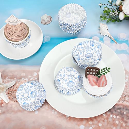 AnyDesign 300Pcs Last Toast on the Coast Cupcake Liners Paper Baking Cups Summer Blue Coastal Beach Standard Muffin Cupcake Wrappers for Bachelorette Bridal Shower Wedding Party Supplies - style: Coastal Beach
