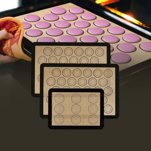 Silicone Baking Mat Macaron - Set of 3 (2 Half Sheet Liners and 1 Quarter Sheet), Non Stick Silicon Cookie Oven Liner For Macaroons, Bake Pans, Pizza, Toaster, Cake and Bread Making (Black) - color: Black