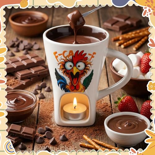 Honeydak White Chicken Chocolate Fondue Mug with Fork and 3 Tealights Cup - color: White, style: Chicken