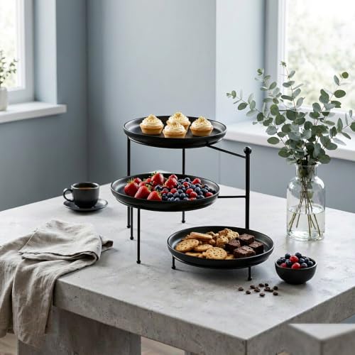 MALACASA Round 3 Tier Serving Tray,10.25 Inch Black Porcelain Dessert Stand - color: Black