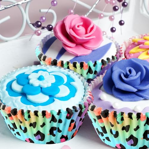 Whaline 300Pcs Leopard Print Cupcake Liner Neon Animal Spot Paper Baking Cups Rainbow Muffin Wrappers Cake Storage Container for Party DIY Crafts, 2 x 1.2 Inch - style: Neon Leopard