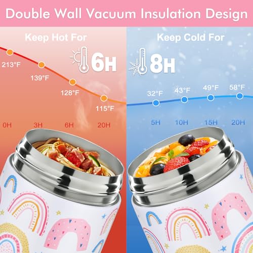 wiwens 12oz 2 Pack Insulated Food Jar Set for Kids Soup Thermo Hot Food Lunch Container Wide Mouth Leak Proof Stainless Steel Vacuum Bento Box for School Office Travel Outdoors - color: White-Rainbow*2