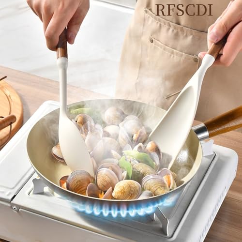 White Silicone Cooking Utensils Set, Kitchen Utensils Set 7 Pcs for cooking, Non-Toxic Spatula Set with Heat Resistant Wood Handles for Nonstick Cookware, (Cream White) - color: Cream White