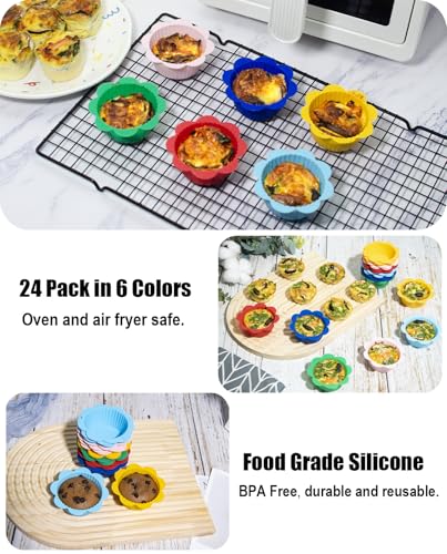 24 Pcs Silicone Muffin Liners with Tabs, Reusable Cupcake Liners for Steel Muffin Pan, Non-Stick Baking Cups (24Pcs-6Colors)