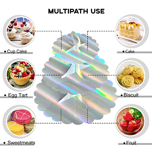 3-Tier Laser Silver Cupcake Stand, 2-Pack Heart Handle Dessert Display Tower, Quick Easy Assembly, Easy Clean for Wedding Birthday Graduation Baby Shower Party Supplies - color: Rainbow Silver 2 Pack