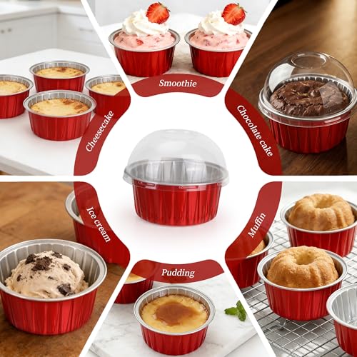 100-Pack 5 oz Red Mini Cake Pans with Lids, Disposable Aluminum Foil Baking Cups, Muffin Tins, Ramekins for Cupcakes, Brownies, Flan, Pudding - Christmas, Valentine‘s, Birthday Party Supplies - color: Red