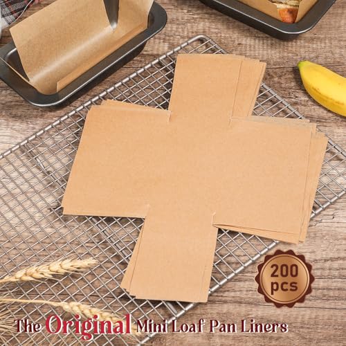 Webake 200Pcs Unbleached Parchment Paper Mini Loaf Pan Liners for 6x3 Small Banana Bread Pan, Original Precut, Non Toxic Baking Paper - color: Brown 6x3